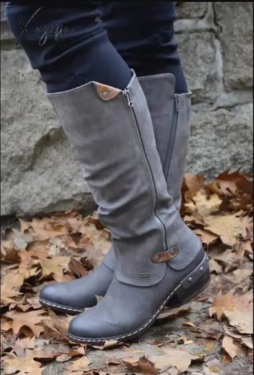 Xajzpa - Botas Mujer Winter Pu Leather Knee High Boots Women Snow Heels Zipper Female Shoes Black